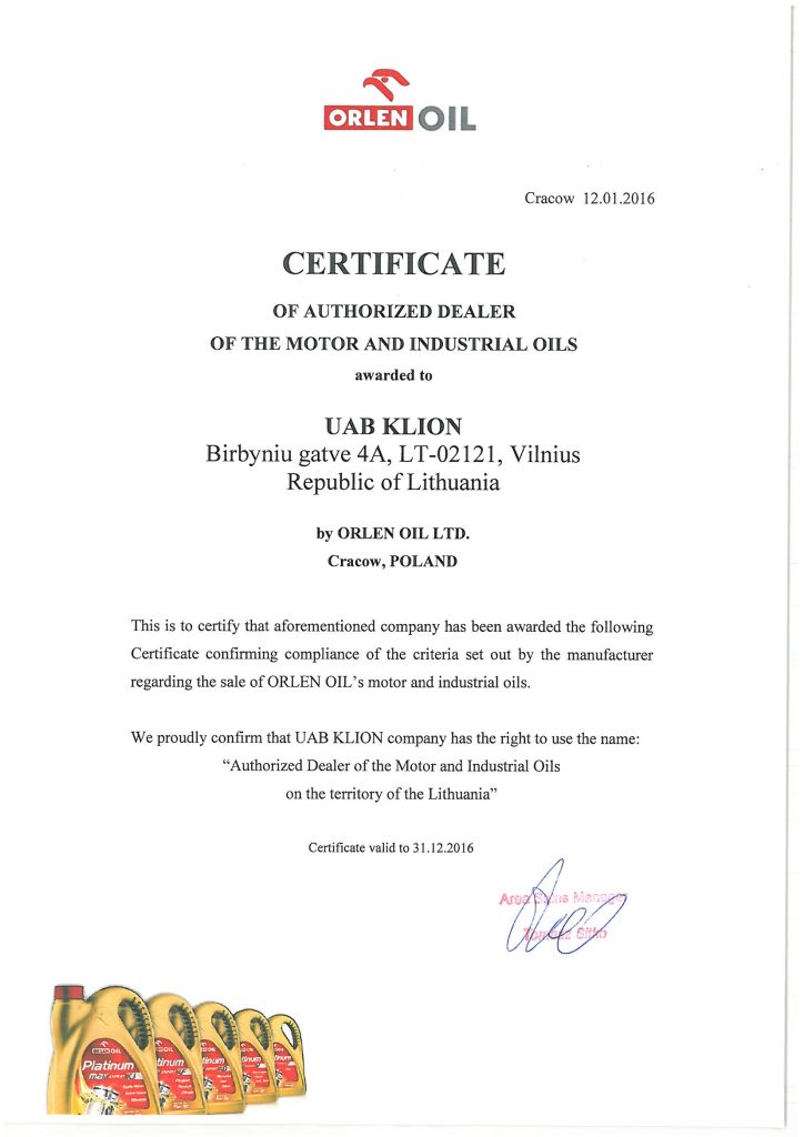 certificate of authorized dealer of the motors and industrial oils